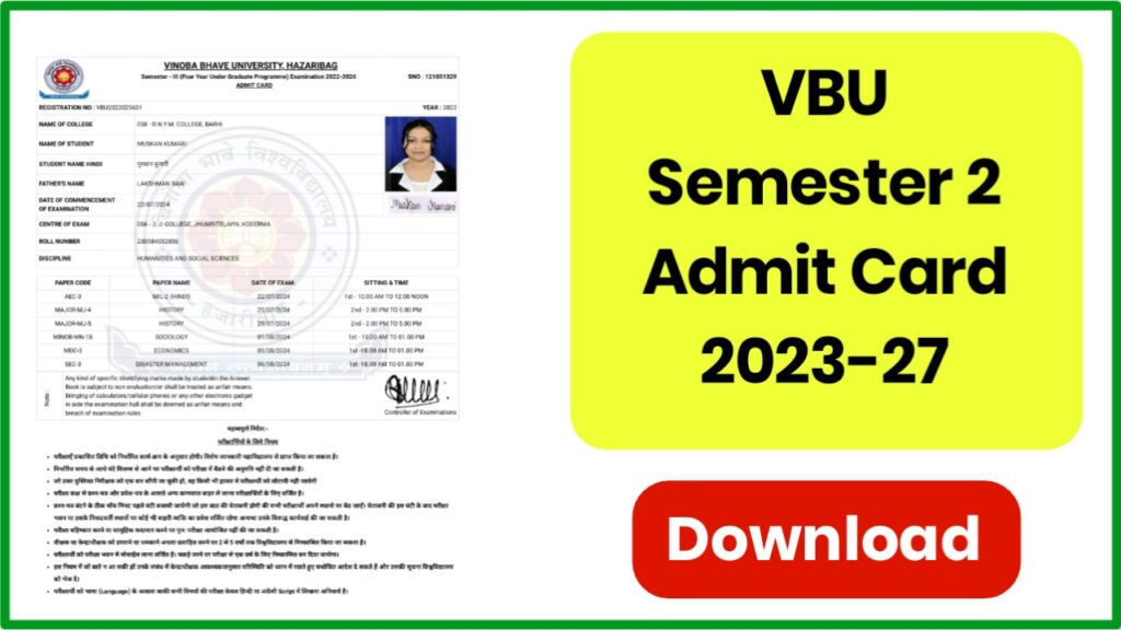 VBU Semester 2 Admit Card 2023-27